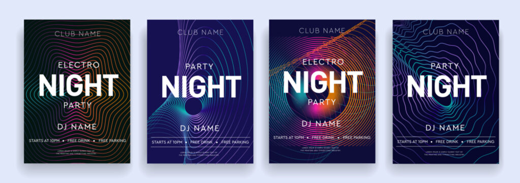 Music Festival in Strips Graphic Elements for Dance Party, Disco, Club Invitation, Festival Poster, Flyer. 3d Set Hot Night Dance Party. Background wave of cosmic space. Vector Illustration.