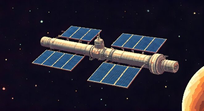 A retro pixel art space station orbiting a planet, with solar panels and star-filled backgrounds, Ai Generated