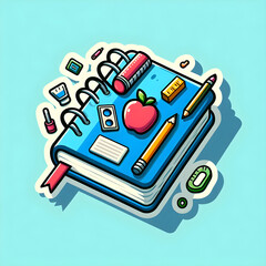 Blue notebook with school supplies floating around it, ready for back to school