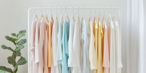 Clothing rack displaying pastel and neutral garments, including dresses, blouses in white, blue, yellow, and pink pastel shades.