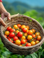 Harvesting Fresh Cherry Tomatoes in Woven Basket at Local Farm
