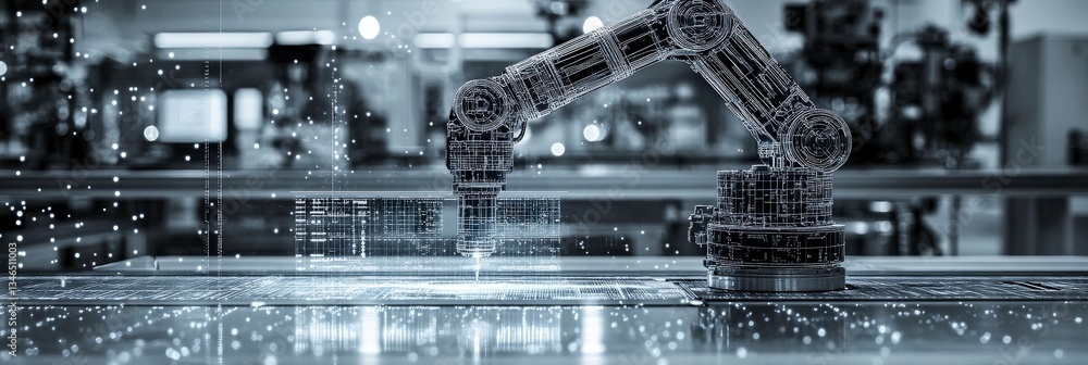 Poster transparent robotic arm, digital elements and data flow