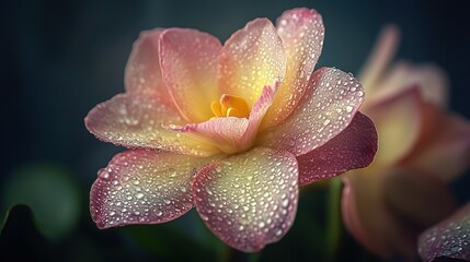 Fototapeta premium Dew-kissed, pastel pink and yellow flower closeup