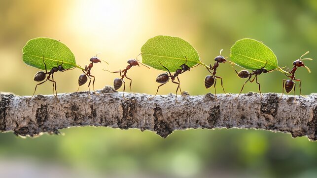Ants Teamwork Carrying Leaves Branch Sunset Nature - Powered by Adobe