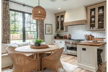 : Dining nook in kitchen with white brick wall, zebra print curtains, round table, coffee bar, boho style, neutral tones.