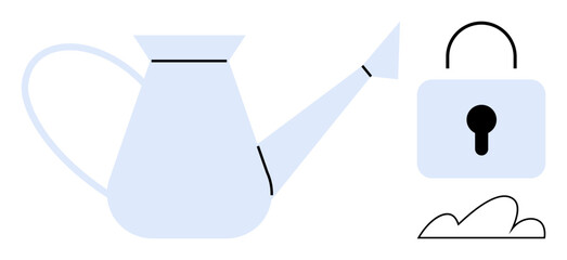 Light blue watering can beside a padlock and small cloud. Ideal for growth, security, innovation, sustainability, resource protection, challenge management, self-improvement concepts. Flat simple