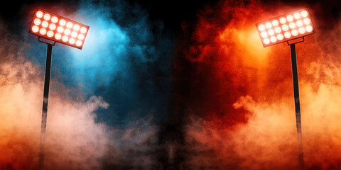 Bright stadium lights illuminate smoky atmosphere, creating dramatic contrast of blue and orange hues