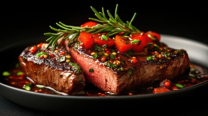 Seared steak with rosemary and cherry tomatoes