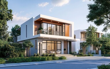 Modern House Exterior Design with Greenery and Geometric Architecture Style