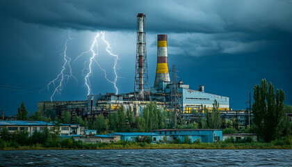 Fototapeta premium Thunderstorm over industrial power plant with lightning striking, surrounded by dark clouds