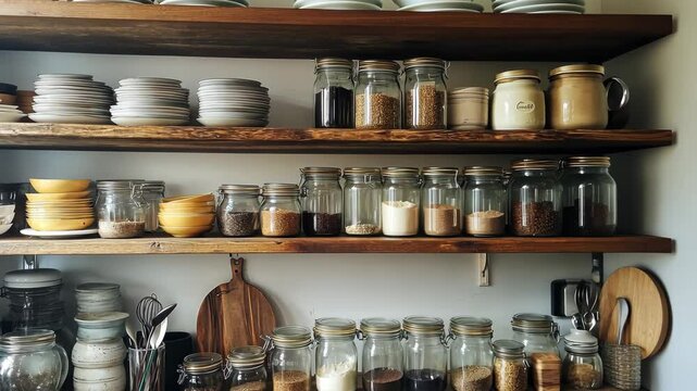 Open shelving in a kitchen with neatly organized jars and ceramic plates ture..