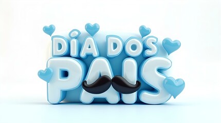 Festive 3D Cartoon Father's Day Dia dos Pais Mustache Blue Hearts Image