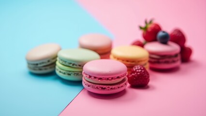 Fototapeta premium Colorful Macarons And Fresh Summer Berries