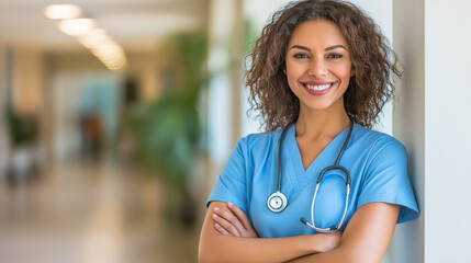 Smiling healthcare professional in blue scrubs with stethoscope standing in a hospital hallway