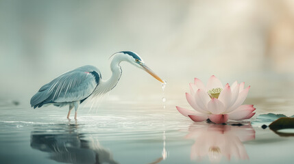 Naklejka premium A gracefully posed heron standing in shallow water, its slender legs partially submerged, with a serene expression and soft ripples spreading outward