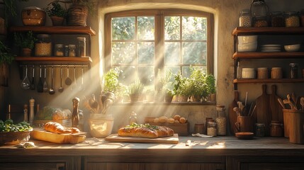 Fototapeta premium Sunny rustic kitchen window with bread