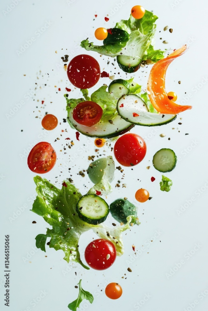Poster an isolated airborne salad elegantly floats in front of a flawless white canvas.