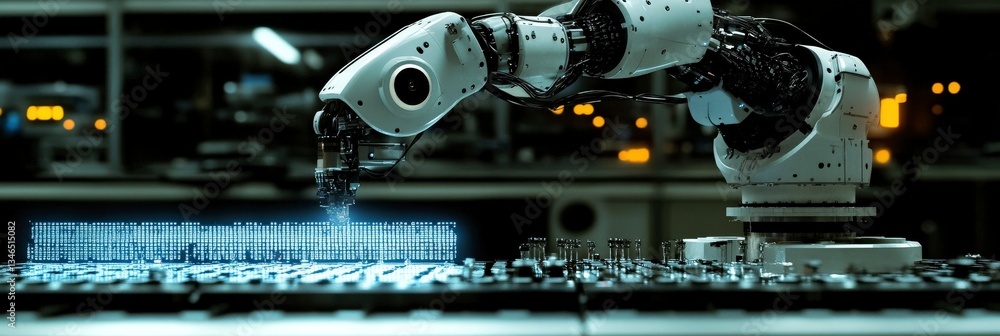 Poster advanced robotic arm placing tiny electronic components.