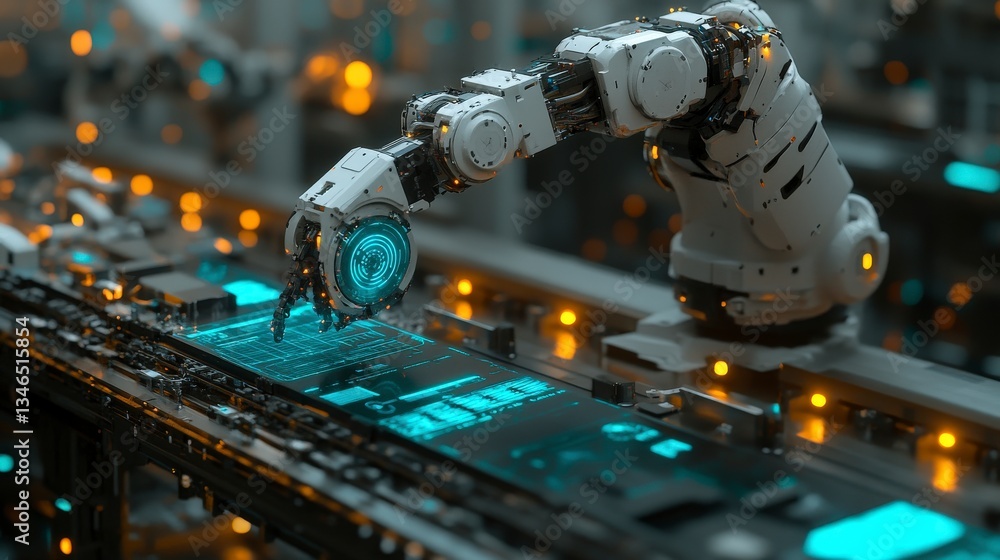 Poster robotic arm on assembly line in high-tech factory