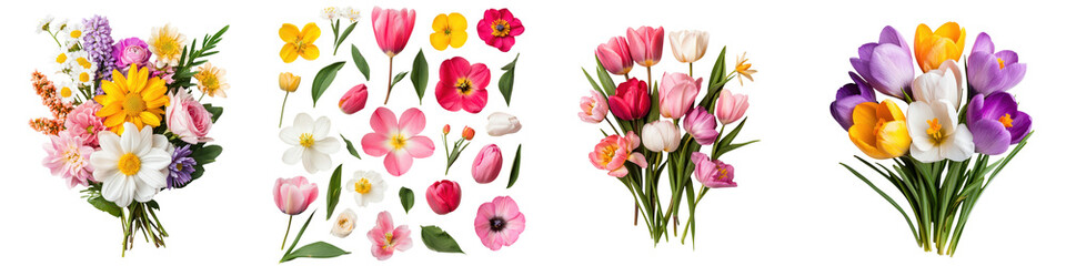 Naklejka premium Lush arrangements of colorful tulips daffodils and other spring blooms in a variety of bright natural hues