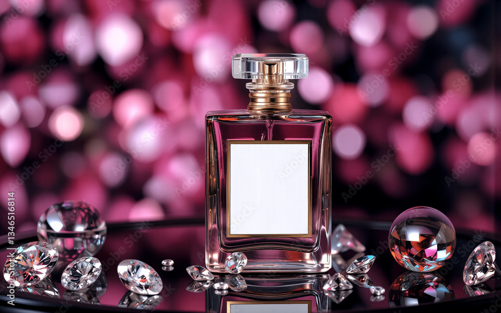 Poster elegant perfume bottle with a golden cap sits on a reflective black surface. diamonds and a pink bok