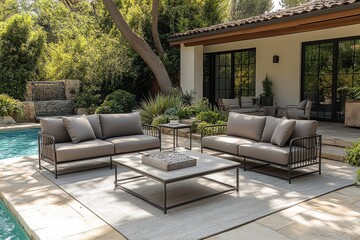Outdoor patio furniture set with grey cushions, two chairs, sofa, end table by the poolside, San Diego home.