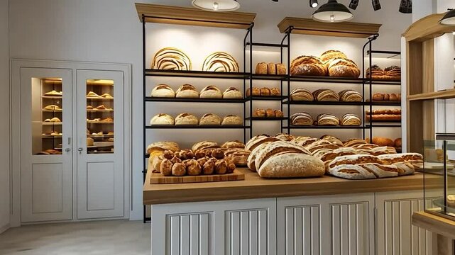 Modern bakery interior with various breads and pastries displayed on shelves and in a glass case.