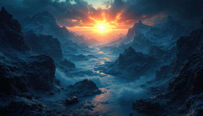 Majestic Sunset over Misty Mountain Valley
