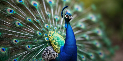 Obraz premium Closeup Peacock - peafowl with beautiful representative exemplar of male peacock in great metalic colors