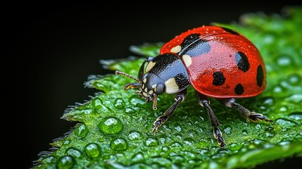 Obraz premium Ladybug on dewy leaf