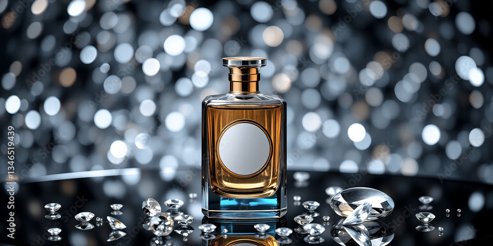 Poster elegant perfume bottle with golden details sits on a dark reflective surface amongst diamonds. spark