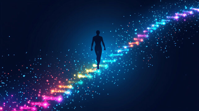 silhouetted figure walks along vibrant, colorful path of stars against dark, starry background, evoking sense of wonder and exploration