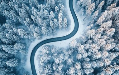 Winding Road Through Snowy Forest Landscape in Winter Aerial View