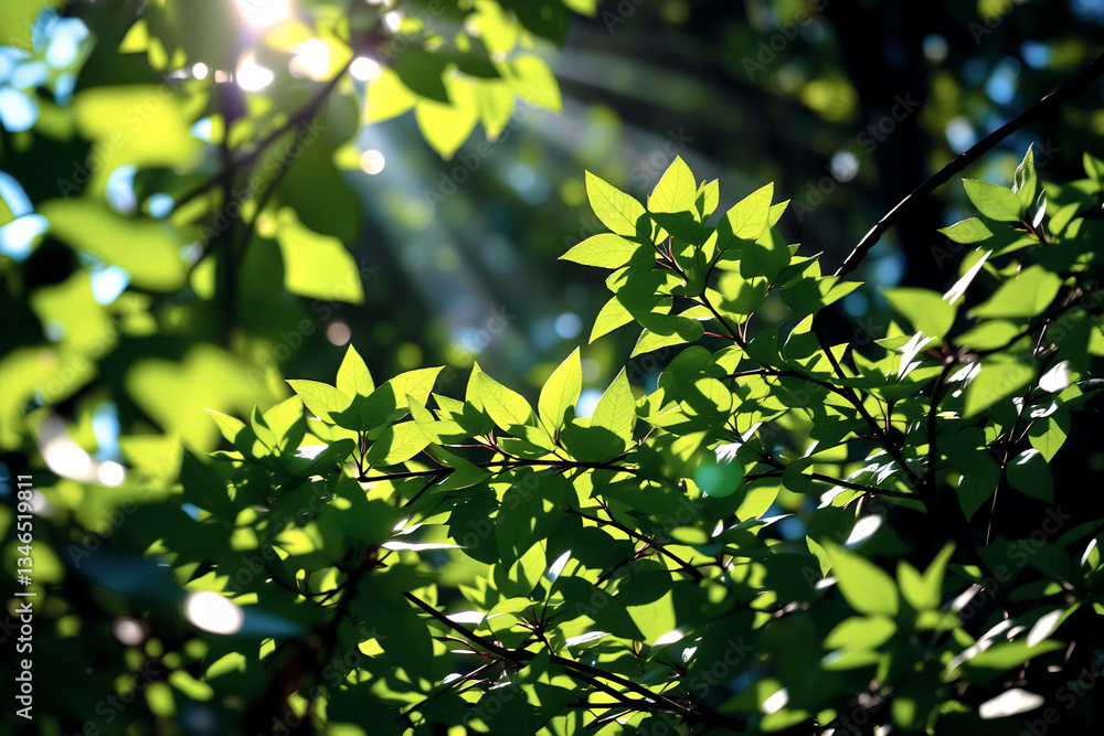 Aufkleber sunlight filters through lush green leaves, creating bright rays and shadows in a woodland setting. 