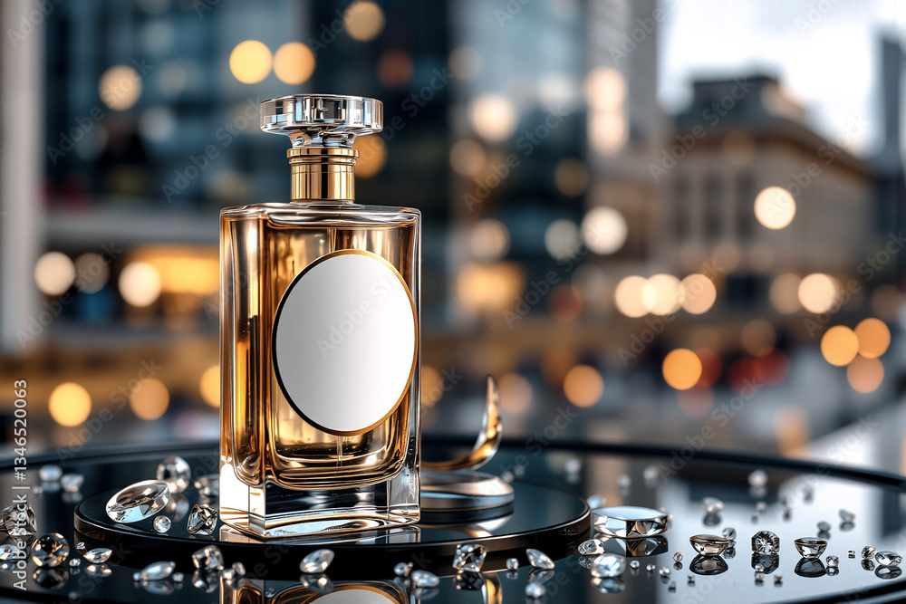 Poster Elegant perfume bottle on a reflective surface with scattered gems. City lights create a bokeh effect in the background, showcasing a golden liquid.