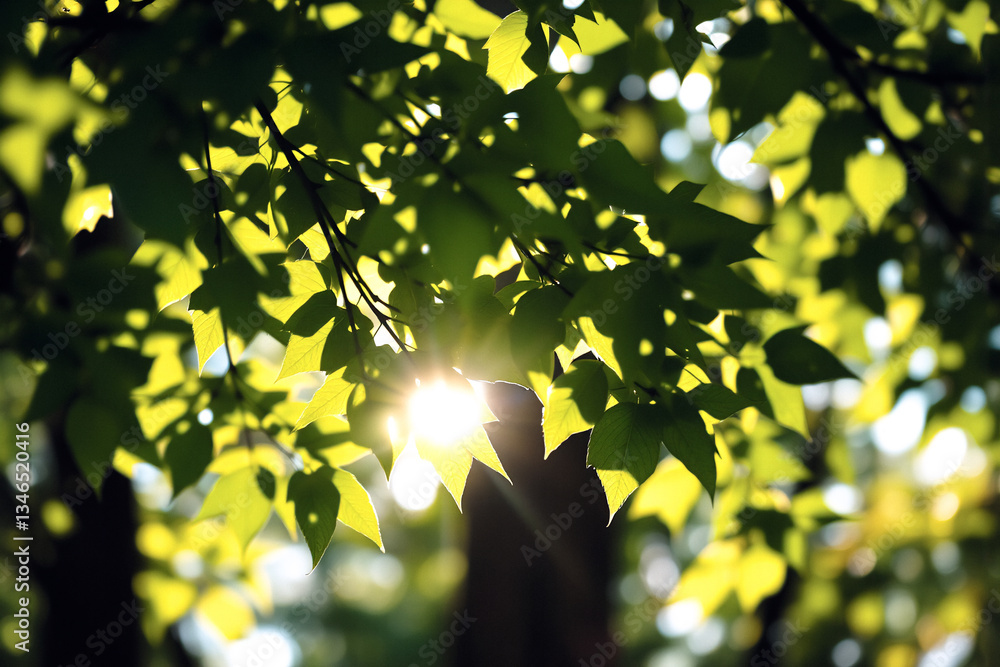 Poster Sunlight streams and filters through vibrant green leaves, creating a bright and natural scene with a soft, blurred background.