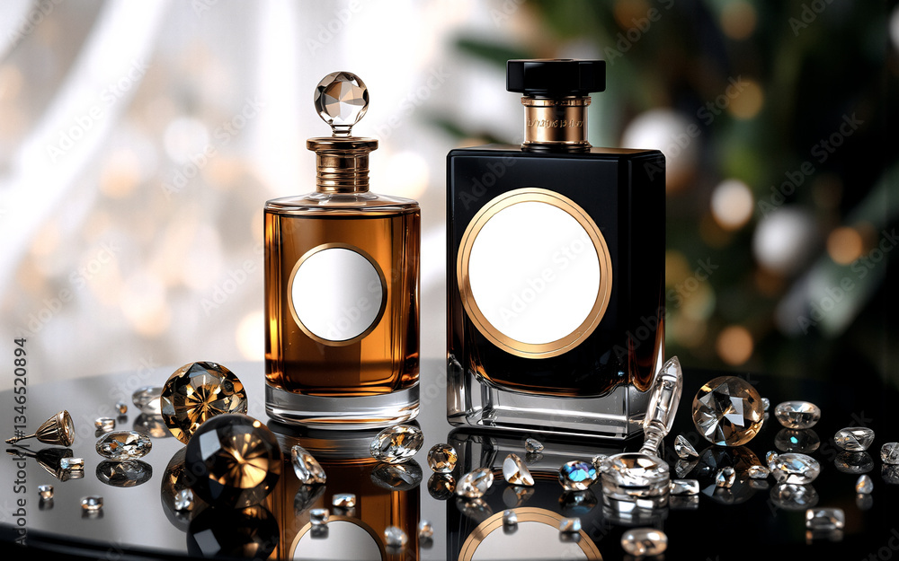 Poster elegant perfume bottles in brown and black hues sit on a reflective surface, surrounded by sparkling