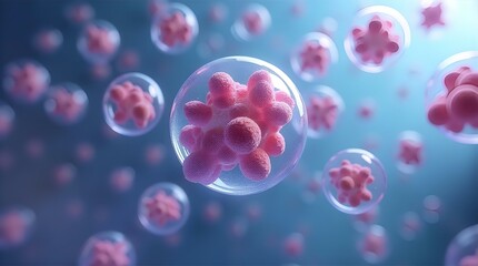 Close-Up Microscopic Pink Cells Bubbles Blue Medical Science