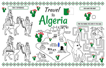 A fun placemat for kids. Printable “Travel to Algeria” activity sheet with a labyrinth and find the differences. 17x11 inch printable vector file