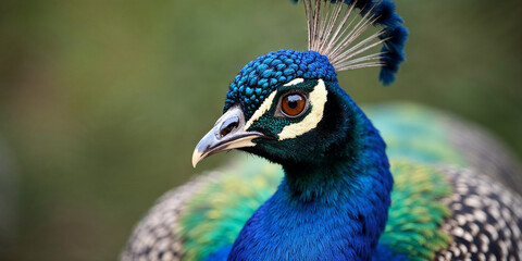 Closeup Peacock - peafowl with beautiful representative exemplar of male peacock in great metalic colors
