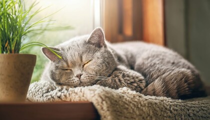 Cute small tabby kitten sleeping in a basket and a white feline resting on the bed
