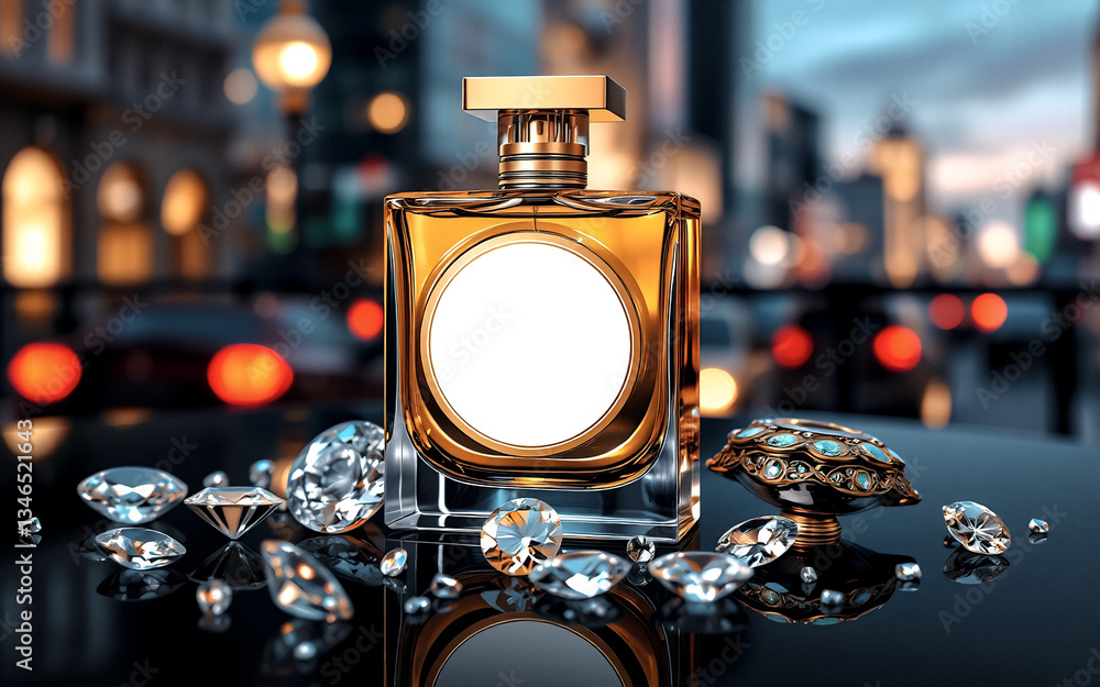 Poster elegant perfume bottle with a golden cap sits amidst sparkling diamonds. city lights blur in the bac