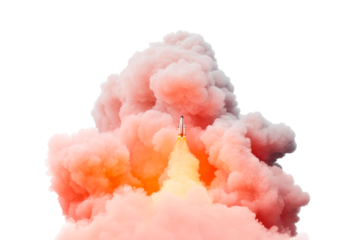 Rocket launching through colorful clouds at sunrise