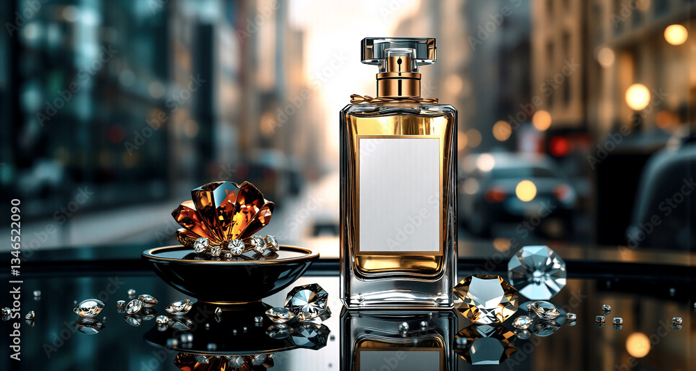 Poster elegant perfume bottle with a golden cap and gem jewelry are displayed on a reflective black surface