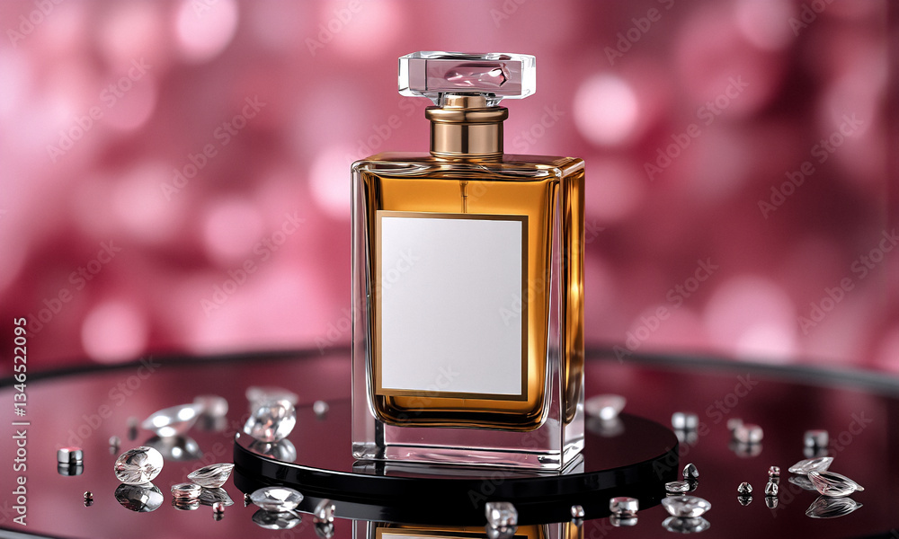 Poster elegant perfume bottle with golden liquid inside, displayed on a reflective surface. the bottle has 