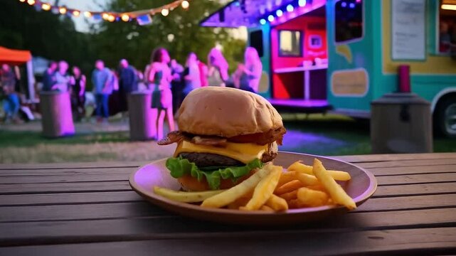 Hamburguesa con queso y tocino servida con papas fritas en festival de comida al aire libre