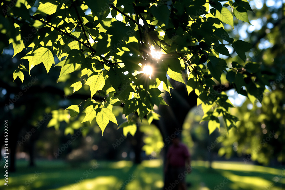 Poster Sunlight streams through lush green leaves on a tree branch in a park. A blurry figure is visible in the background, creating a tranquil outdoor scene.