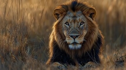 Fototapeta premium Majestic lion observing its territory african savannah wildlife photography golden hour portrait nature's beauty