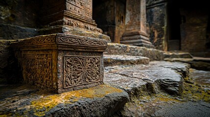 Fototapeta premium Ancient stone carving discovery historical cave photography rustic environment close-up view cultural heritage