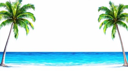 Obraz premium Serene beach scene with palm trees framing a tranquil ocean view under clear skies.